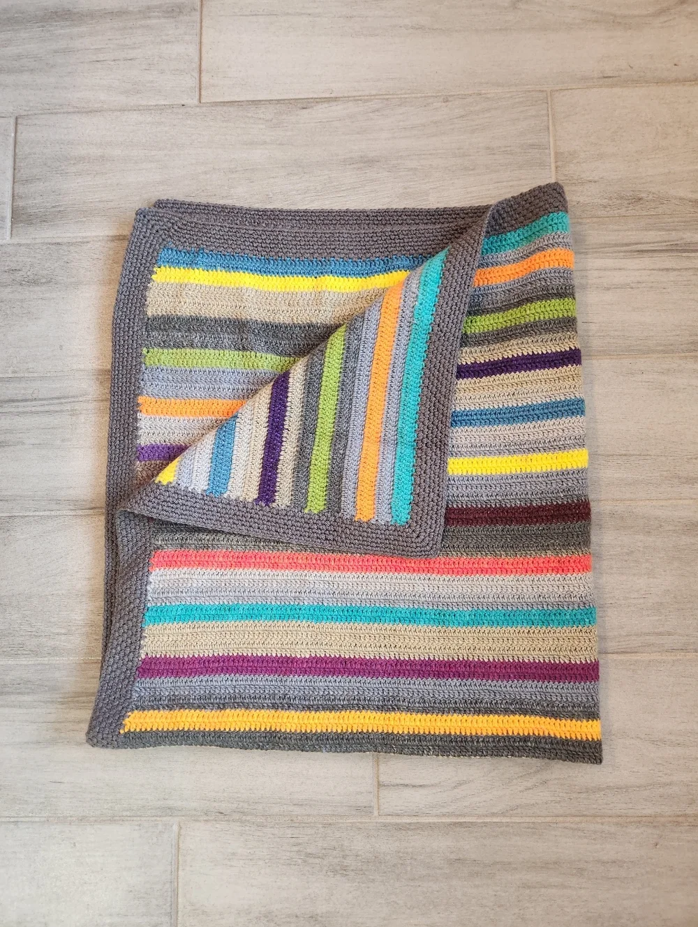Handmade Baby Toddler Blanket Multicolor Stripes Crochet Wool Blend Afghan Knit